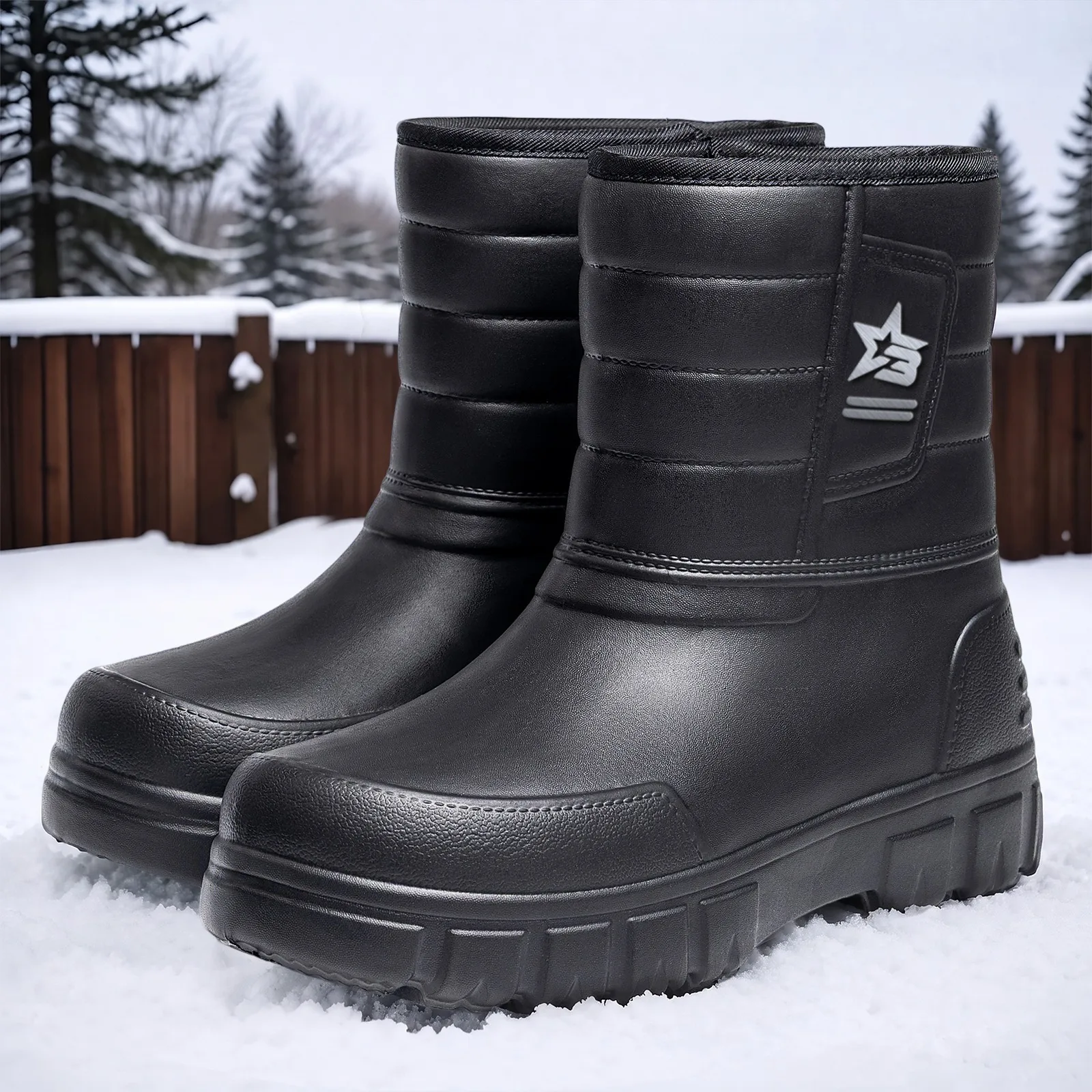 Winter-Herrenschuhe aus Baumwolle mit Fleece, warmem Leder, wasserdichter, dicker Sohle, für Outdoor-Aktivitäten, Angeln, Freizeit, vielseitig einsetzbar, schwarz. – Detail 6