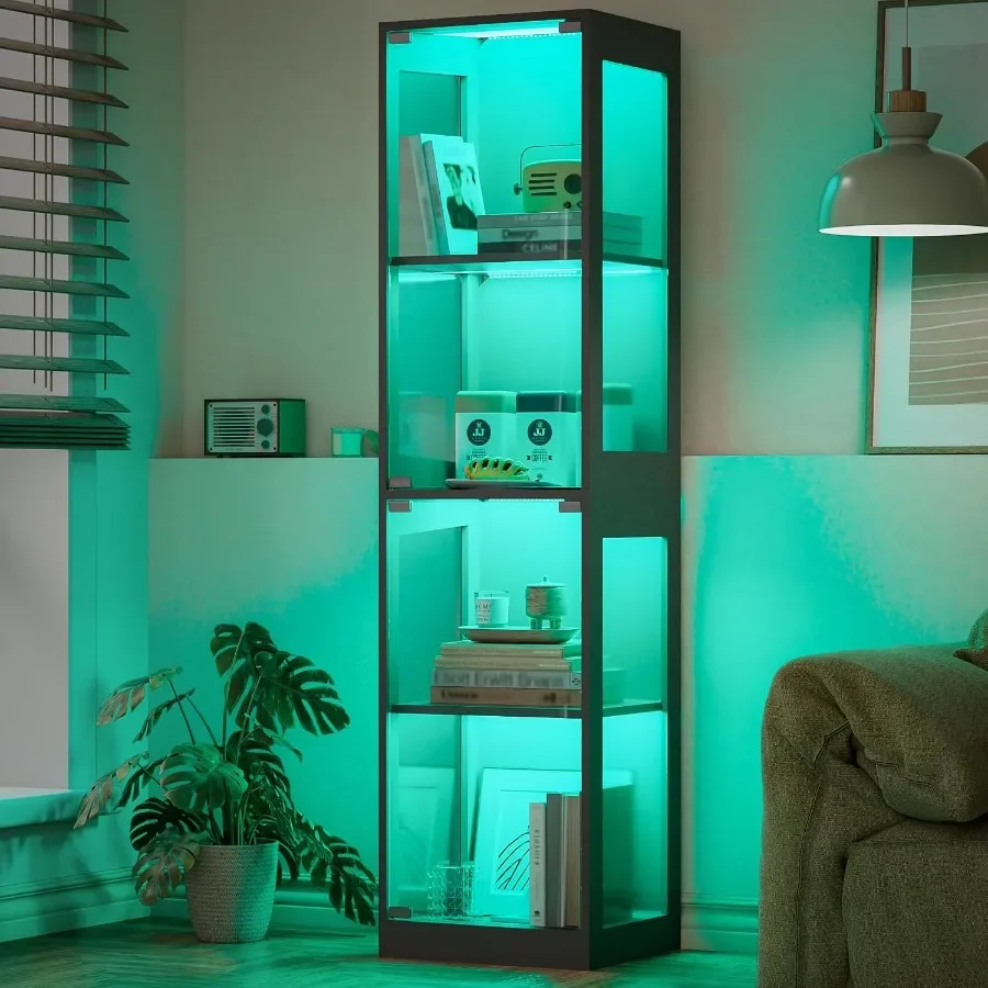 Glass display cabinet for collectibles, tempered glass construction, black finish, 4-tier design with glass doors, 60000-color