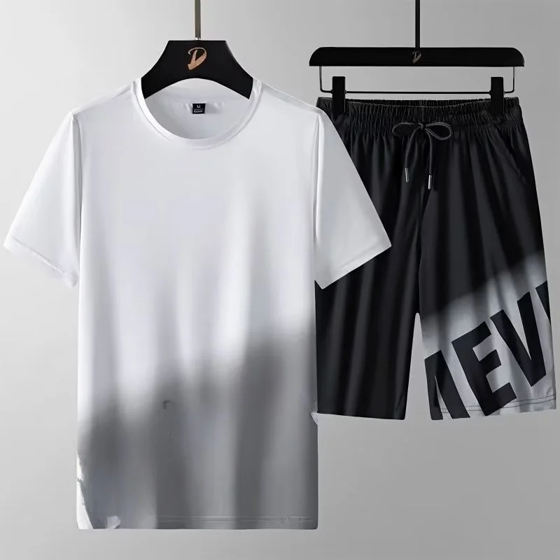 

Summer Casual ort Sve T-irt And Pants Set for Men Trendy All-Match Color Faionable Polyester Fiber Five-Quarte...