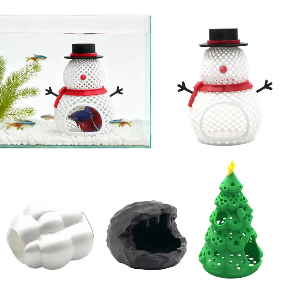 Décorations d'aquarium de Noël : Grotte cachette 3D imprimée pour crevettes, abri pour poissons Betta, arbre bonhomme de neige