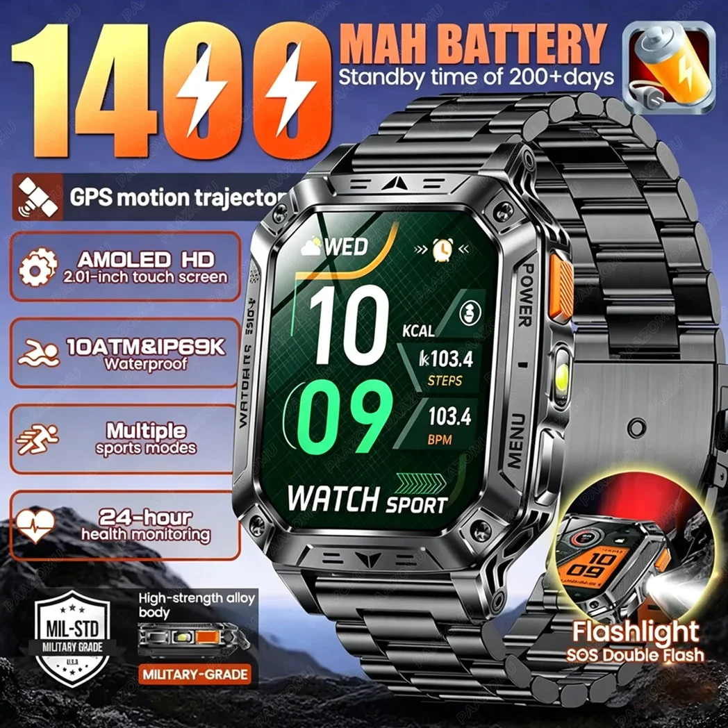 2026 New Built-in 1400mAh Super Large Battery Men Smart Watch Outdoor GPS 2.01