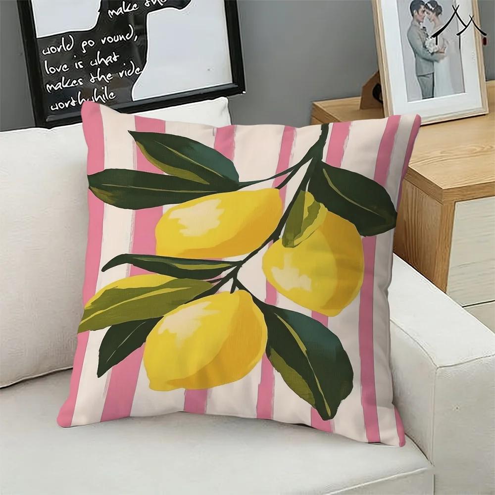 1pc Lemon Branch Print Throw Pillow Cover Pink Striped Farmhouse Decorative Cushion Case for Sofa Bedroom Living Room