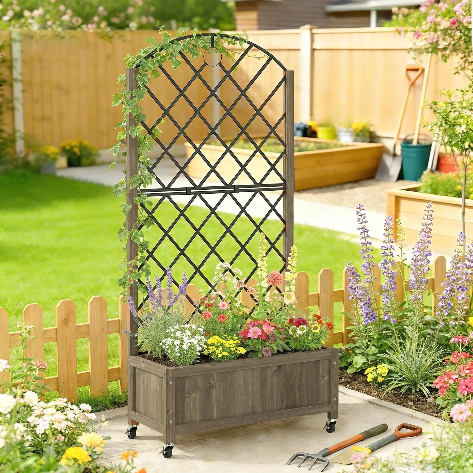 Bac à jardin en bois avec treillis métallique et roulettes 72x36x168 cm carbonisé pour jusqu'à 50 L de terre