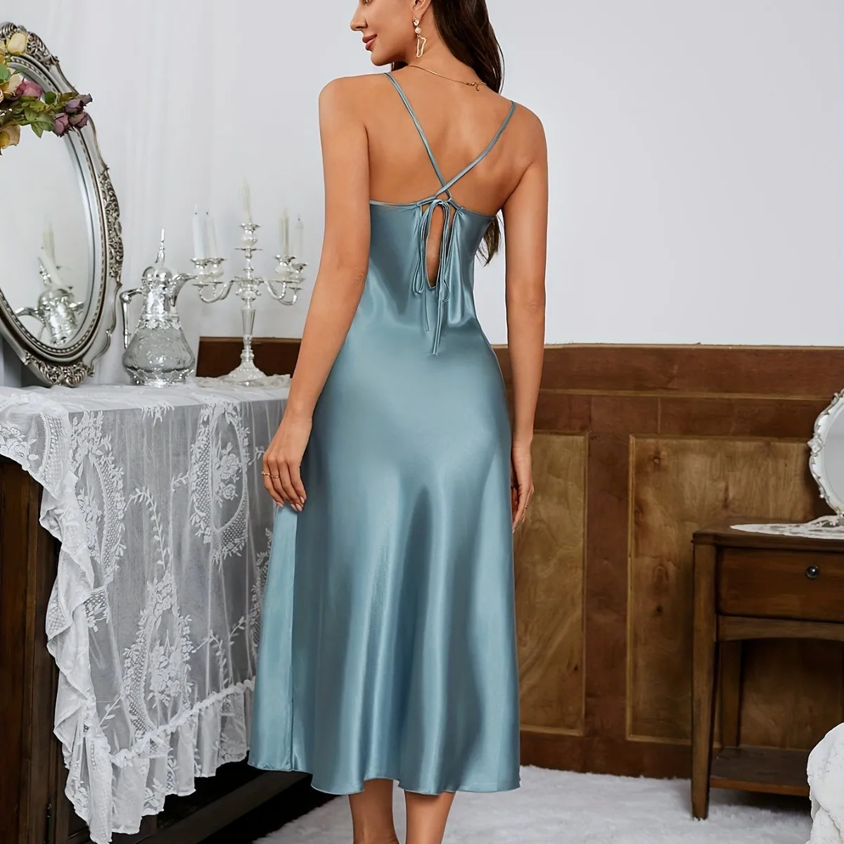 

Sleepwear Dress Silky Backless V Neck Sleeveless Summer Loungewear Nightgown Olive Green Satin Finish Thin Strap Midi Length