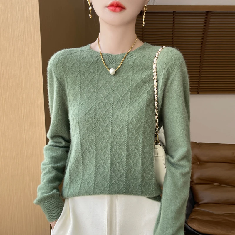 Autumn and winter new 100% Merino wool women\'s sweater crewneck pullover lozenge jacquard knitted bottom coat