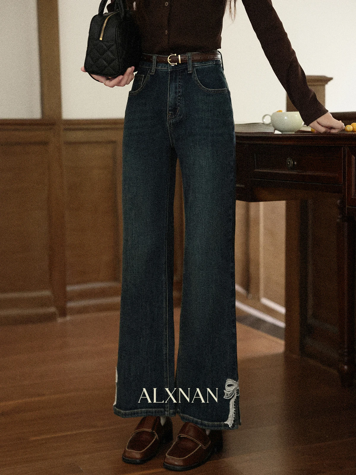 ALXNAN Vintage Blue Wide-leg Jeans Women's Autumn Straight Baggy Jeans Lace Bow Design Cotton Casual Denim Pants Female L57161