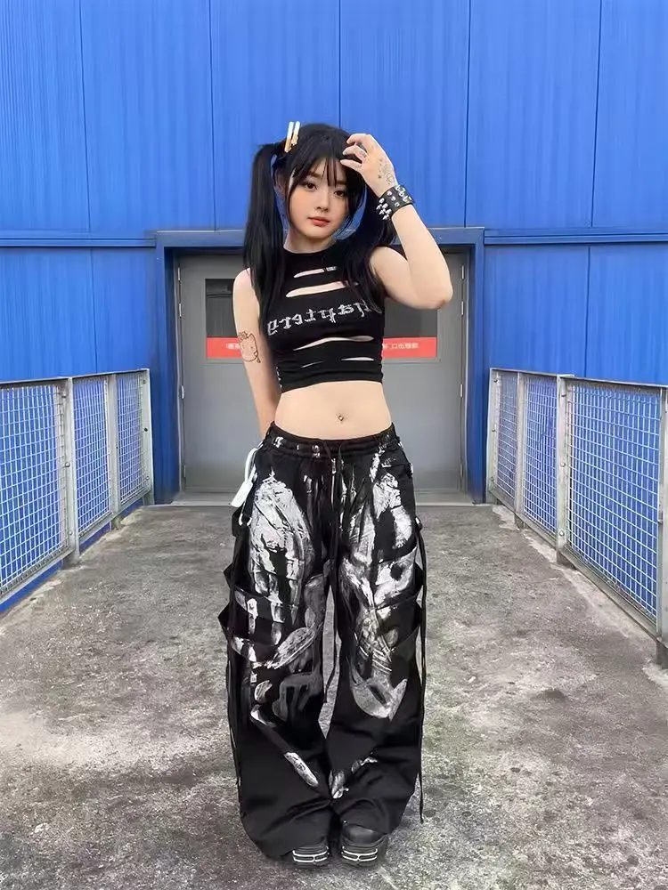 

Spring new American Girl design sense streamer drawstring tooling casual pants age-reducing loose versatile trousers