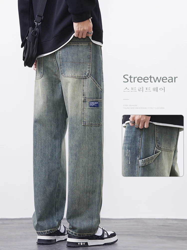 الشارع الشهير الهيب هوب الجينز الرجال خمر جيب تقسم ​ ​ واسعة الساق الأزياء السراويل البضائع الكورية Y2K فضفاض الخريف الدنيم السراويل