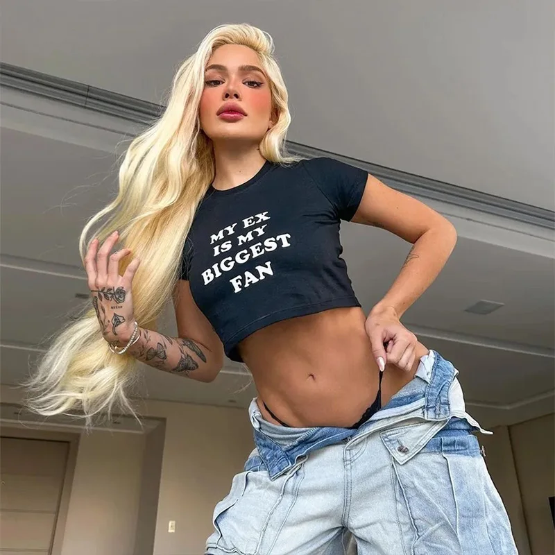 T-shirt con stampa di lettere stile Y2k anni 2000 Punk gotico Estetica Vintage Grunge Emo Girl Kawaii Crop Top maniche corte T-shirt sexy Babay