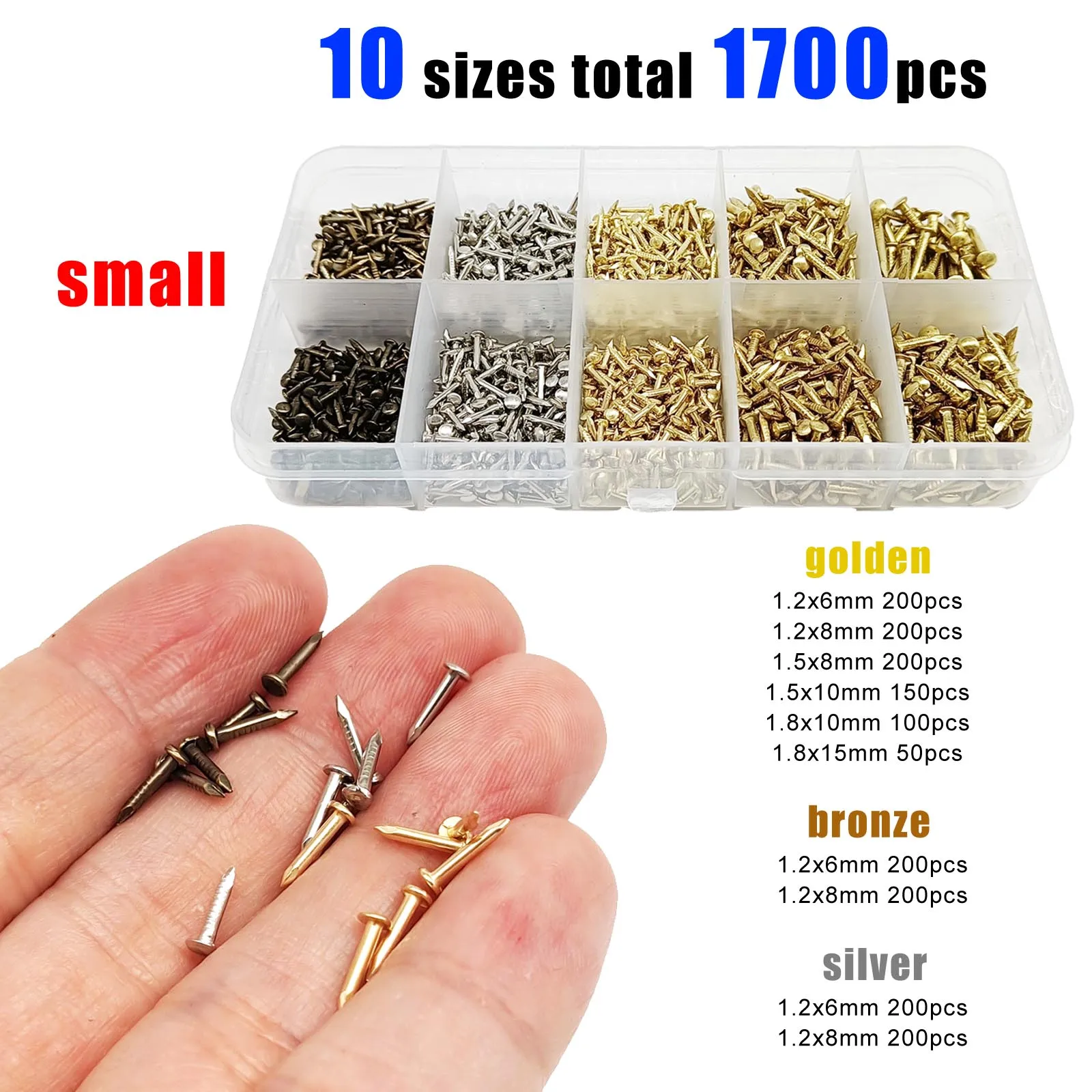 1700pcs/set Micro Small Mini Iron Nail Tack for Jewelry Box Wine Case Dollhouse Hinge DIY Golden Silver Antique Brass Bronze