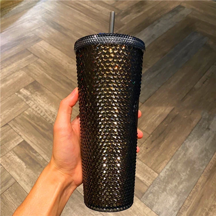 Coffee Cup Summer Holiday Cold Cup Tumbler Double Layer Plastic Durian Cup Diamond Radiant Goddess Straw Cup Studded Cup