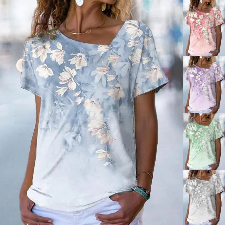

Женская футболка с цветочным принтом ort Sve, свободный крой с диагональным воротником, смесь полиэстера и спандекса, летний повседневный женский топ