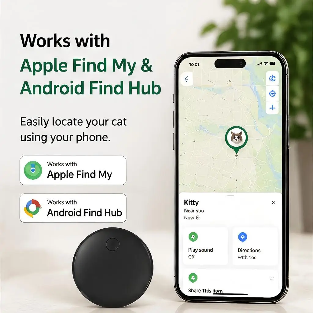 Cat GPS Tracker for Find My & Find Hub, Bluetooth Pet Locator Tag, No Monthly Fee, Waterproof Anti-Lost Tracker