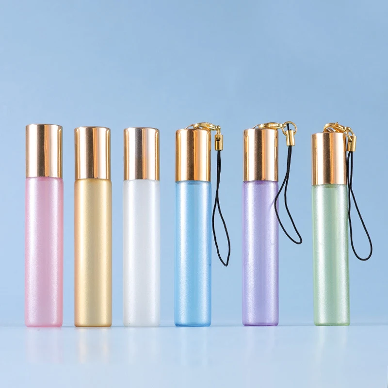 6X 10ML Pendant gold cap pearlescent glass roll-on bottle, Essential oil Makeup Tools Refillable Liquid Container Portable