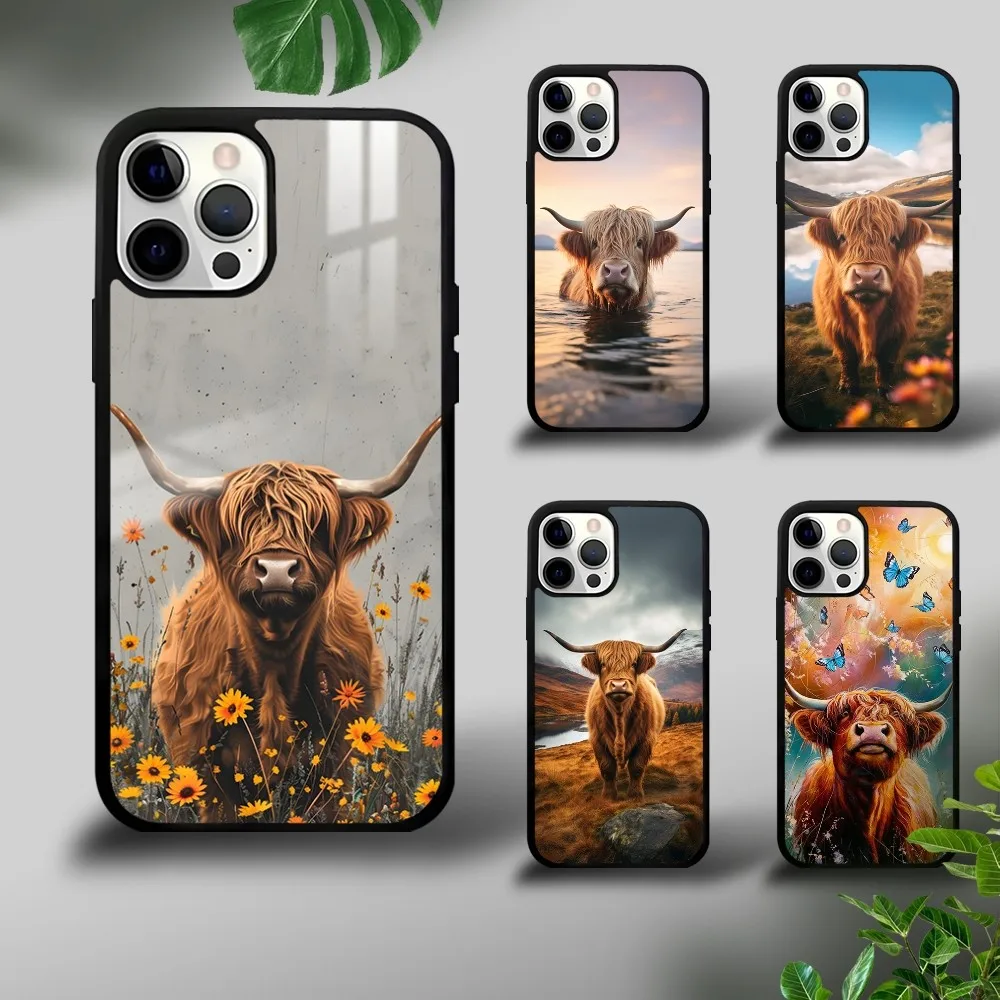 Cute Highland Cow Phone Case For iPhone 16 15 14 13 12 11 Pro Xs Max Mini Plus Celulares Hard Funda