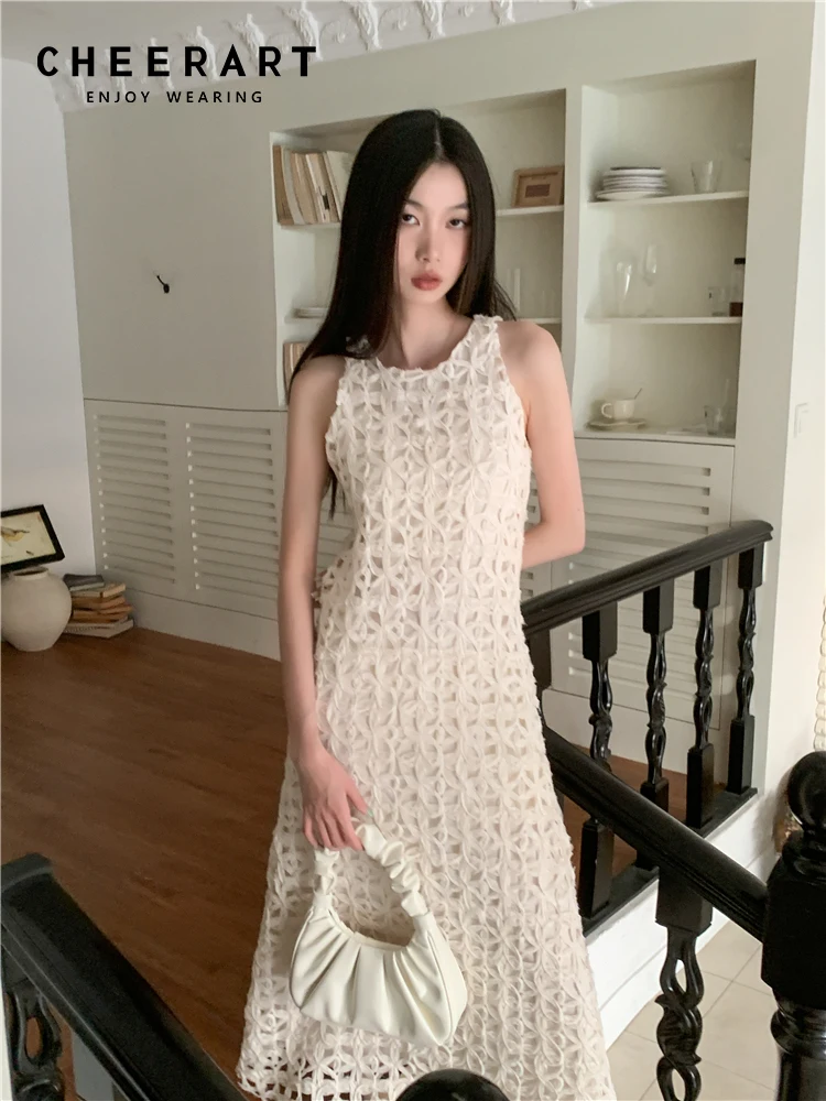 CHEERART Hollow Out Crochet Sleevelss Long Dress Women Elegant Luxury White A Line Midi Tank Dress Designer Clothing