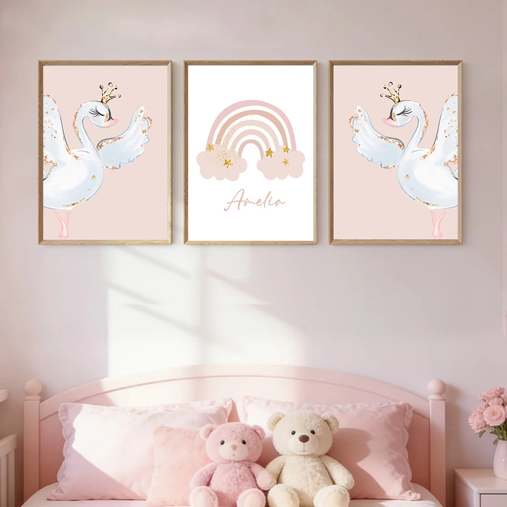 

Cartoon Pink Rainbow Custom Name Wall Art Poster Crown Dancing Swan Canvas Painting Nursery Print Pictures Baby Girls Room Decor