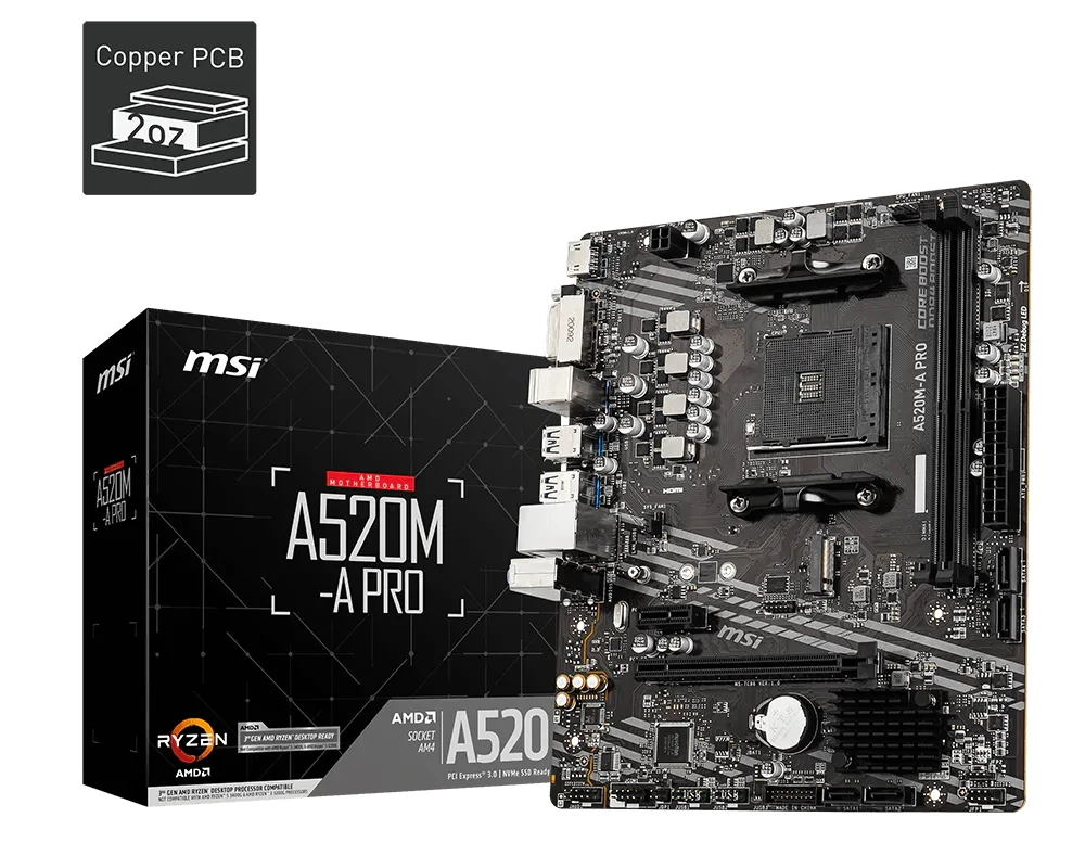 MSI A520M-A PRO Motherboard A520M Socket AM4 2x DDR4 64GB M.2 Micro-ATX support Ryzen 5700X 5600G 5300G 4500 3500 3900 cpu