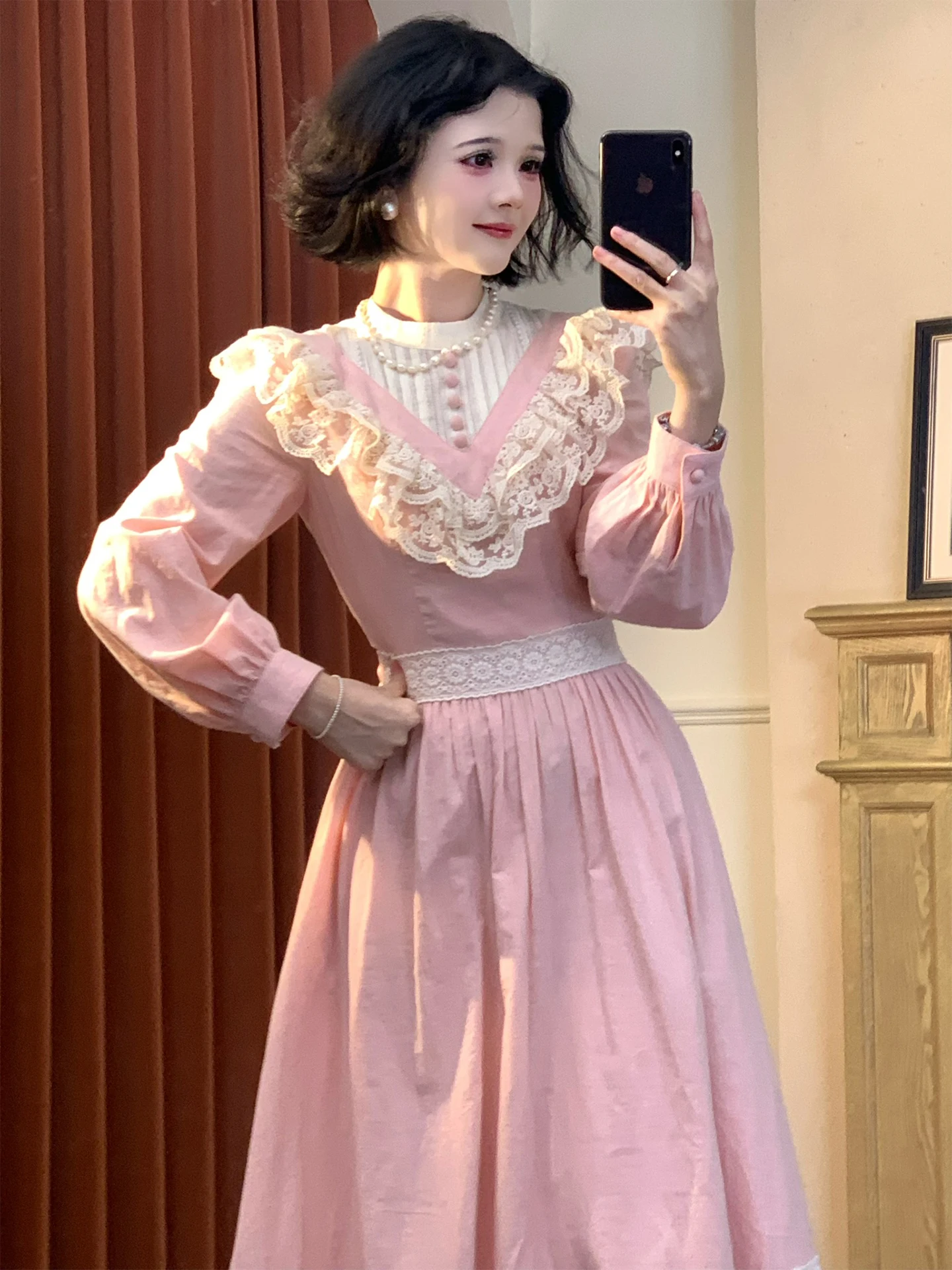 TIYIHAILEY printemps automne coton femmes robe rose à manches longues mi-mollet dames vêtements S-L Vintage taille haute 2026 dentelle