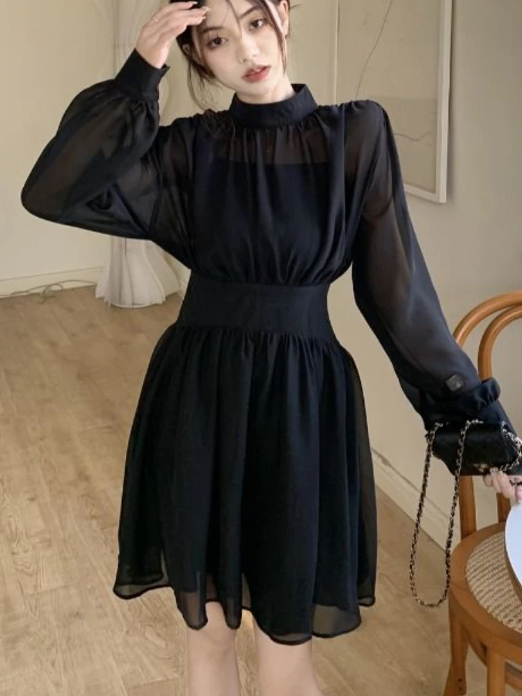 Black Dresses Women Mini Temperament Elegant Ruffles Vintage Casual Long Sleeve Spring French Style Ins A-line Artsy Aesthetic