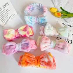 Elastic Lady Colorful Cloudy Print Coral Fleece Shower Make Up Facial Bow Knot Comfortable Skin Care Velvet Decoration Headwraps