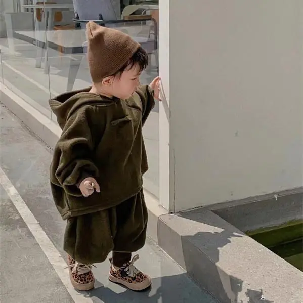 Boys and Girls Universal Suit Autumn and Winter Korean Lazy Wind Hooded Solid Color Sweater Sweatpants