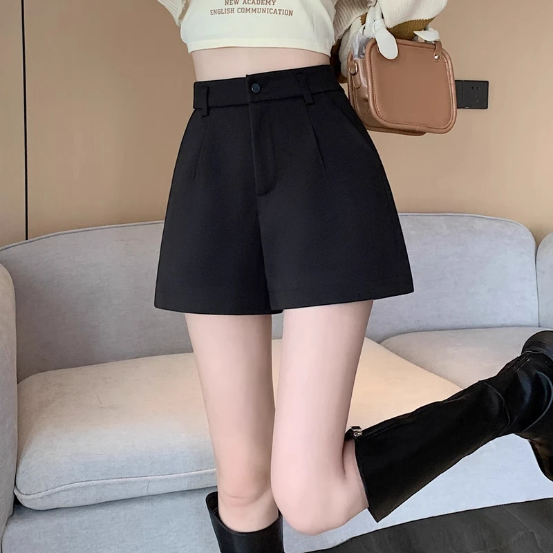 High Waist A-Line Suit Shorts Women's Black Casual Spring Summer Wide Leg American Style Outdoor Hot Pants Polyester Fiber