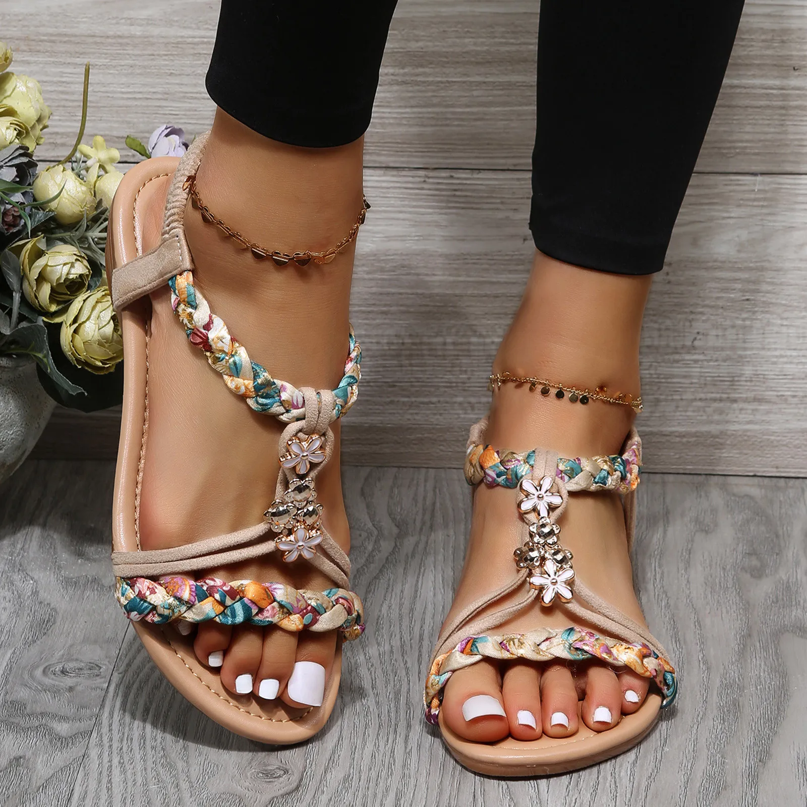 Women Wedge Shoes Flat Beaded Sandals Beach Sandals Thong Flat Beach Slippers Sandals