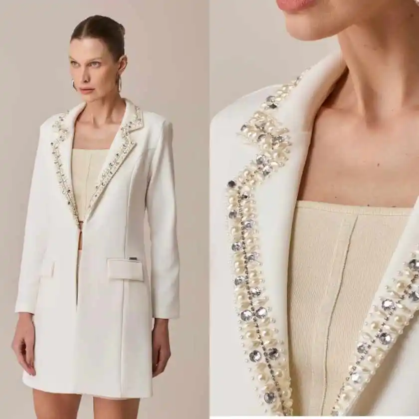 Elegant Long Blazer Dress Lapel Pearl Crystal Single Breasted Formal Business Party Mini Suit Dress Traje De Mujer Customized