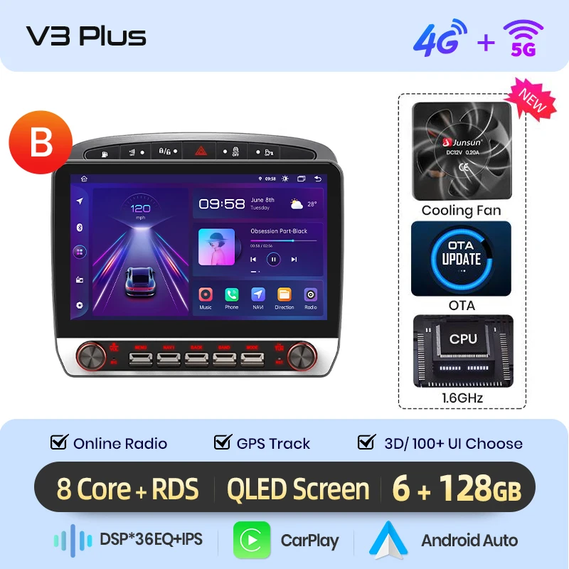 Junsun 13.1″ QLED Draadloze CarPlay Android Auto Autoradio Voor Peugeot 408 308 SW 2012-2020 Intelligente Systemen DSP SWC RDS GPS