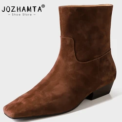 JOZHAMTA Size 34-40 Women Ankle Boots Real Leather Wide Calf Short Knight Boots Vintage Chunky Heels Shoes Winter Daily Dress