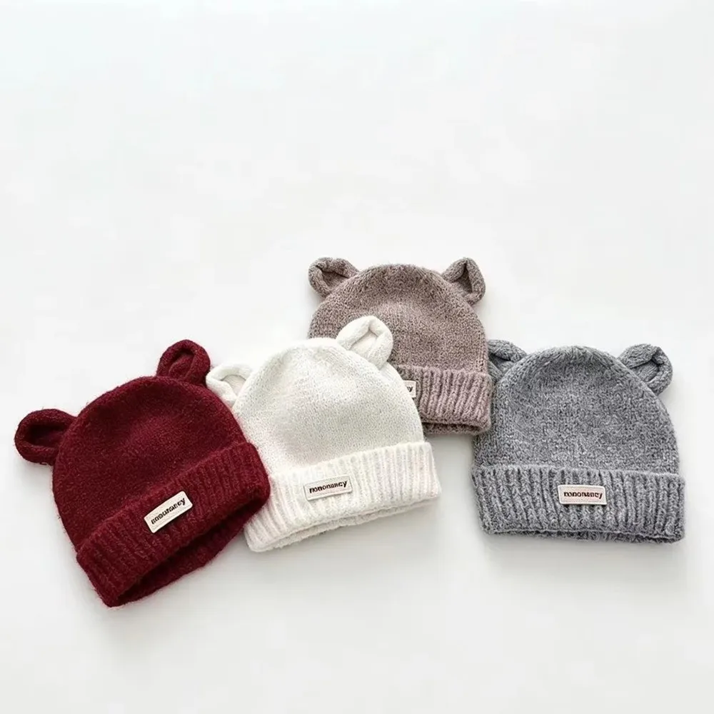 Soft Solid Color Bear Ear Baby Hat Warm Lining Warm Kids Winter Hat Cartoon Baby Cap Winter