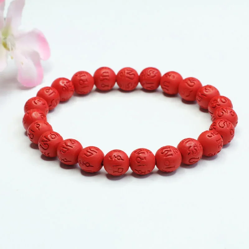 Natural Cinnabar Six-character Proverbs Round Bead Bracelet Red Sand Jewelry Men's and women's fine jewelry