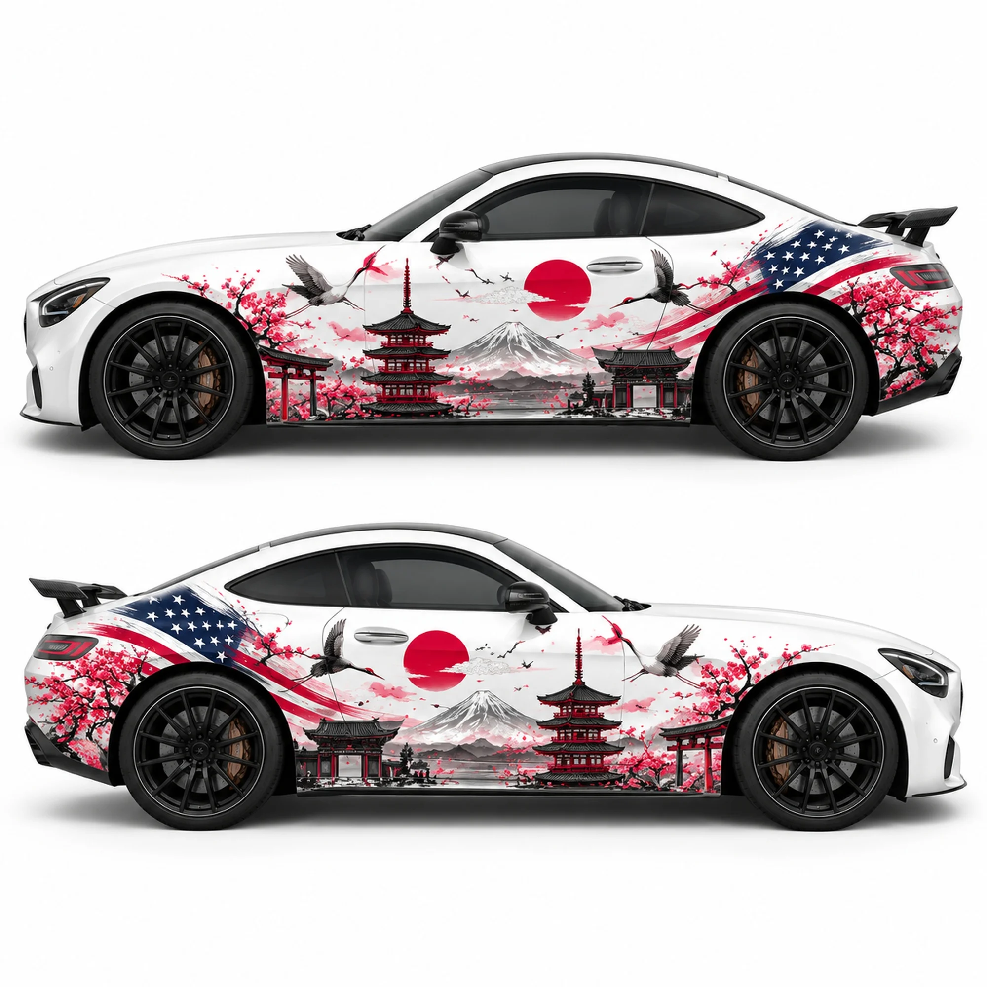 2 PCS Crimson Pagoda Flight Car Side Decals, American Flag Crane Sakura Sticker Set