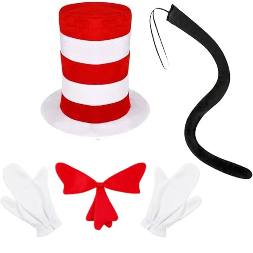 Juego de 4 Accesorios de Disfraz de Gato, Incluye Sombrero de Copa Alta con Rayas Rojas y Blancas, Corbata de Lazo Roja Peluda, Cola Negra y Guantes, Artículos para Fiestas