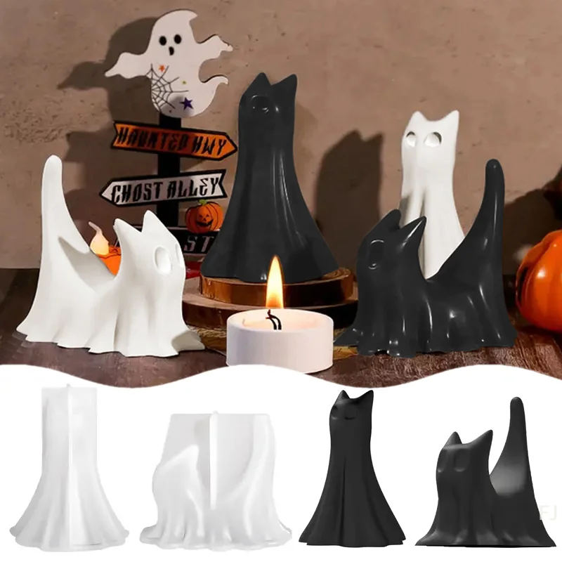 

[YU]Halloween Ghost Cat Figurine Silicone Mold DIY Candle Romatherapy Plaster Resin Molds Haunted Decor Halloween Decorations