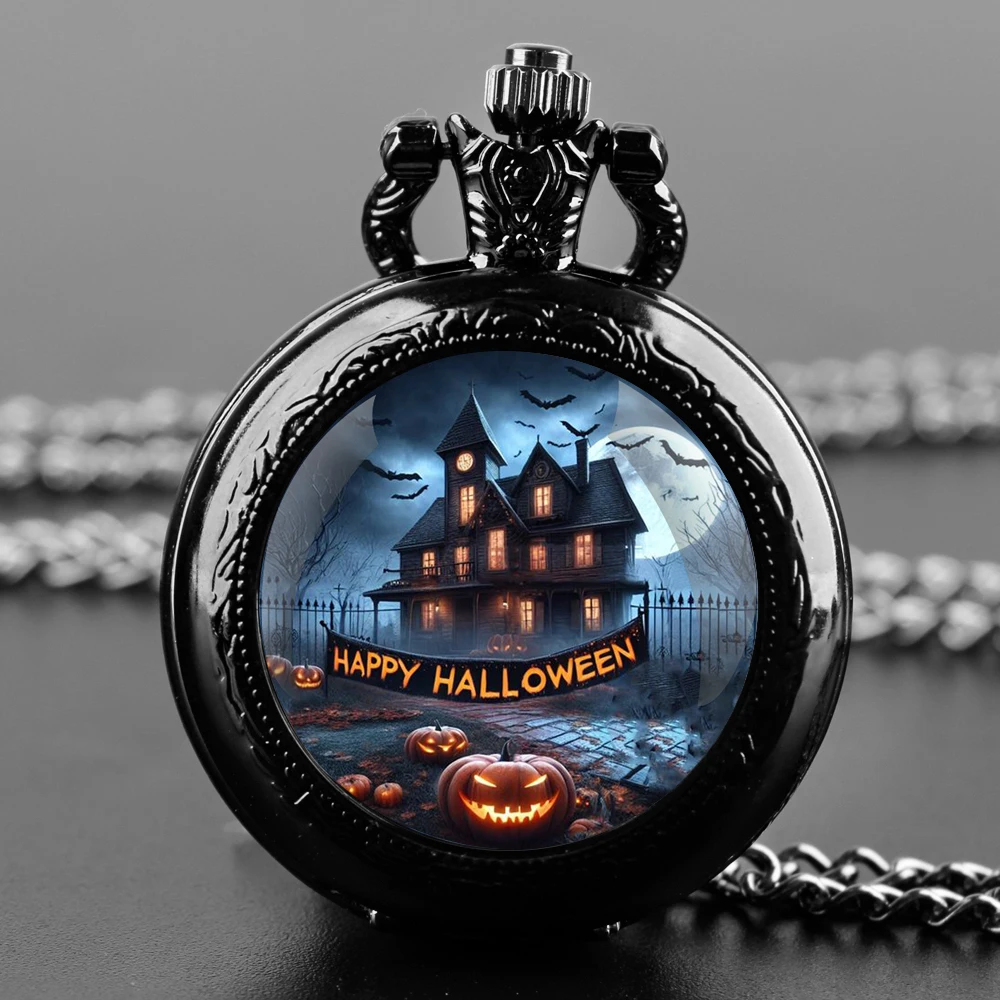 Halloween Cosplay Glass Dome Quartz Pocket Watch With Durable Chain Arabic Numeral Dial Halloween Gifts for Men Kids