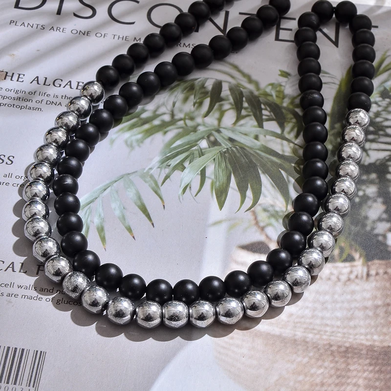 8mm Mattle Black Onyx with Hematite Beaded Long Necklace Jewelry for Men and Women