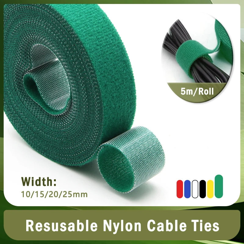 1~20R Green Cable Organizer USB Cable 10/15/20/25mm Winder Management Nylon Free Cut Ties 5M/Roll Mouse earphone Hook Loop Tape