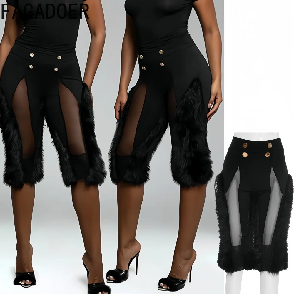 

FAGADOER Autumn New Sexy Fur Patchwork Bodycon Shorts Women Mesh Solid Color See Through Shorts Female Y2K Streetwear Bottoms