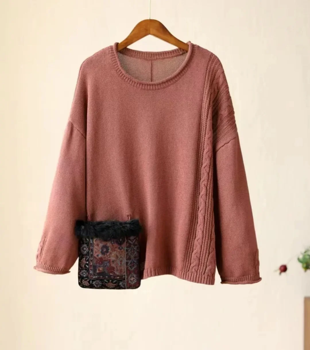 High quality Women's sweater National style embroidery O-Neck long sleeve top Vintage loose pink knitwear clothes outerwears