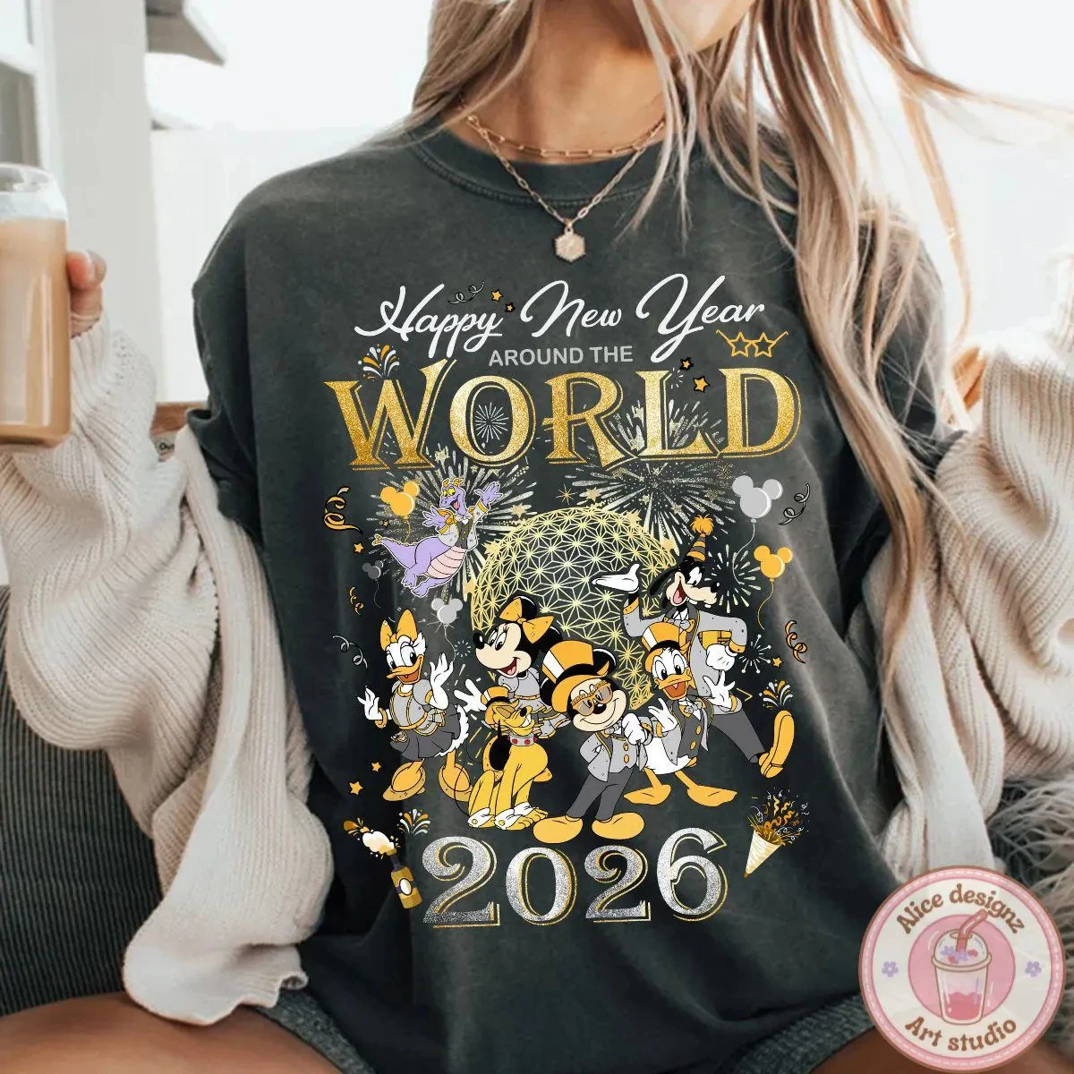 

Happy Retro New Year 2026 Epcot Disney T-shirt Sweatshirt Mickey and Friends WDW Family Travel Christmas New Year's Eve Party