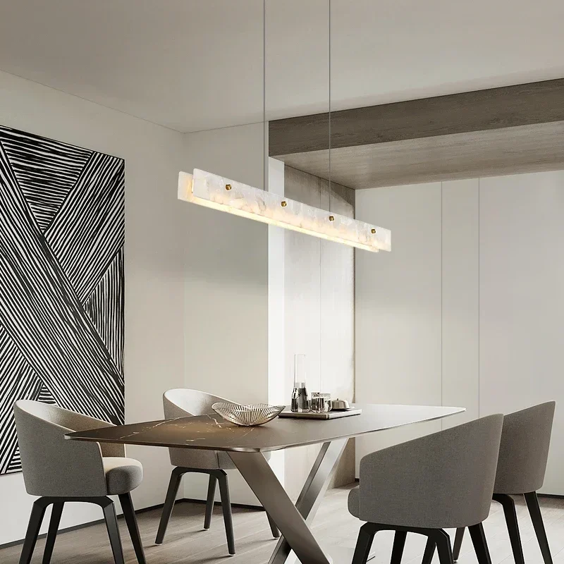 Luxury Natural Marble LED Chandelier Long Strip Pendant Light for Home Dining Table Bar Shape Stone Hanging Lamp Decoration
