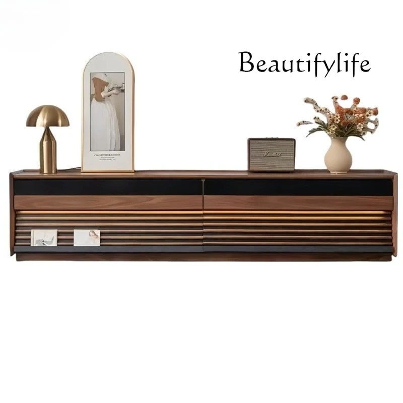 

Modern minimalist Nordic black walnut TV cabinet solid wood bedroom living room small apartment floor suspension