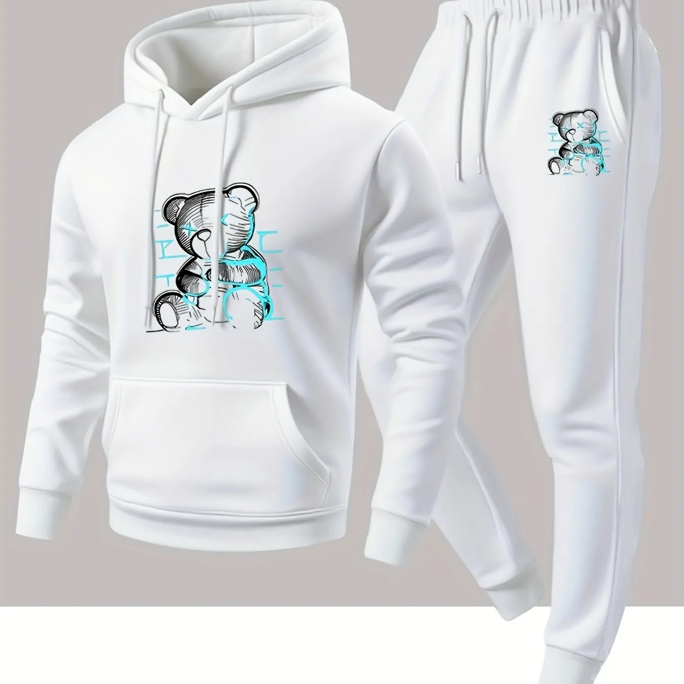 Men Bear Print Tracksuit Autumn Winter Hoodie Jogger Pants 2Pcs Set Comfort Casual Trendy Streetwear Daily Sportswear Outfit