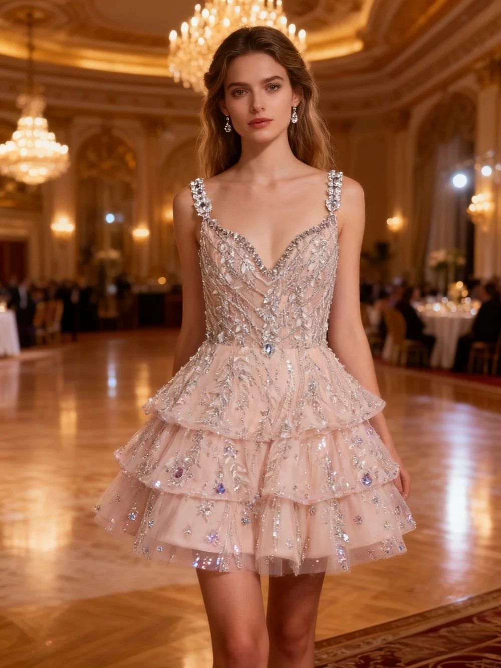 ชุดราตรีสั้นสำหรับงานวันเกิดสไตล์นางฟ้า ประดับคริสตัลระยิบระยับ กระโปรงแบบเลเยอร์ คอวีสั่งตัดได้ ตกแต่งด้วยงานปักอย่างมีสไตล์ ชุดค็อกเทล