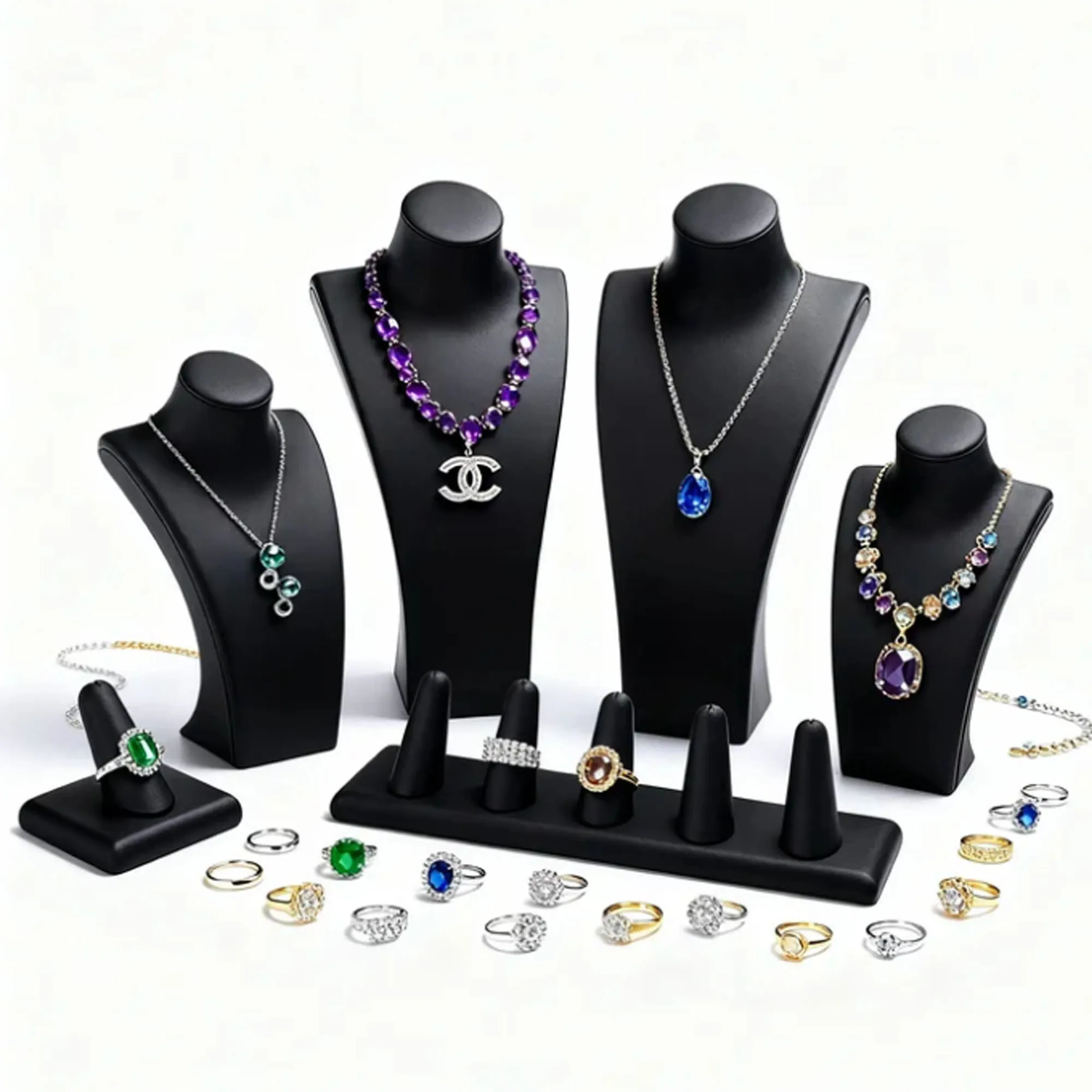 

Black Jewelry Rack Jewelry Mannequin Display with Finger shape Ring Stand Set PU Leather Jewelry Necklace Pendant Chain Jewelry