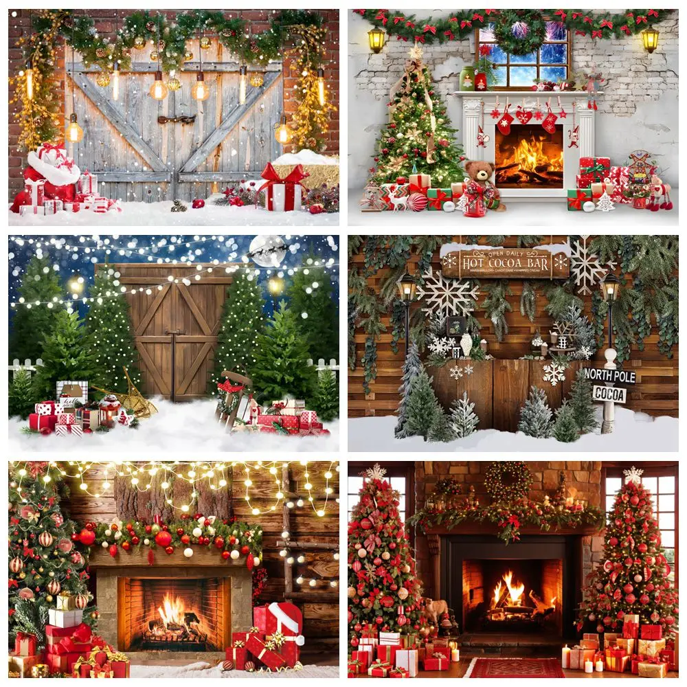 

Christmas Photography Backdrop Gifts Toys Xmas Tree Fireplace Wood Door Kids Portrait Family Party Photo Background Decor Banner