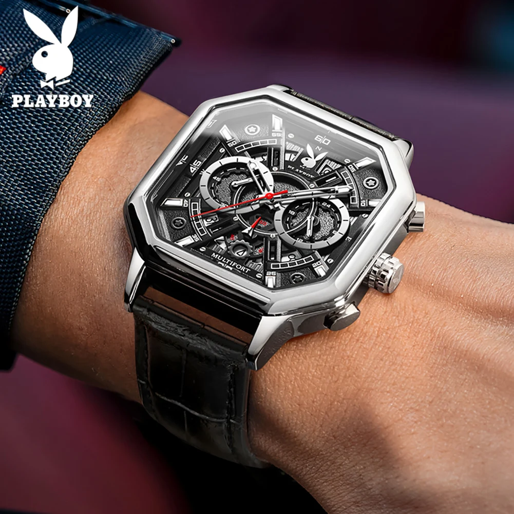 PLAYBOY High Quality Luxury Quartz Men Watch Leather Strap Fashion Waterproof Watches for Men Business Casual Men\'s Wrist Watch