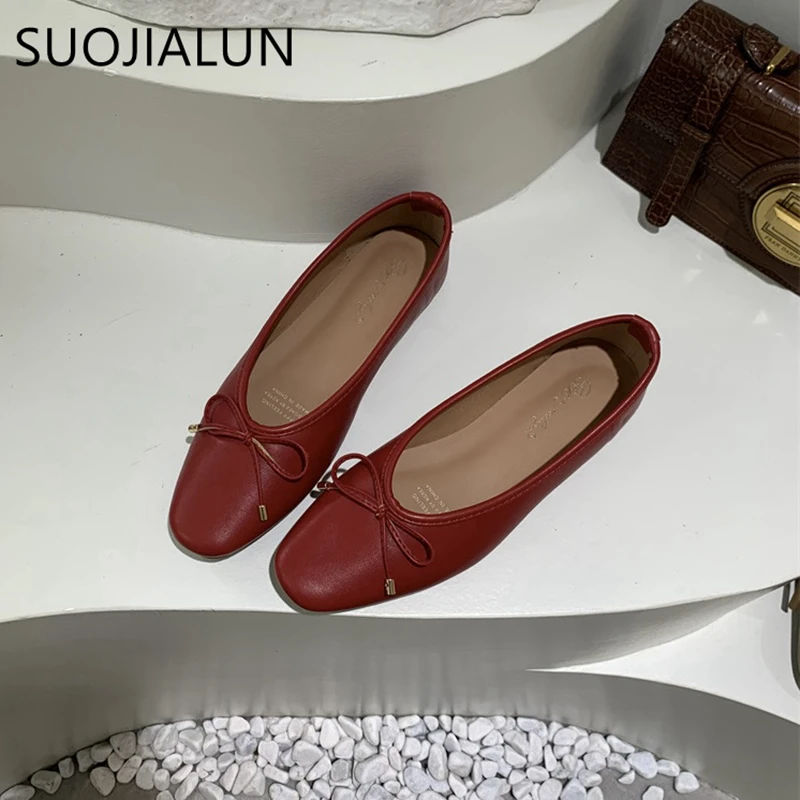 SUOJIALUN 2024 Spring New Brand Women Flat Shoes Round Toe Shallow Slip On Ballerinas Shoes Soft Flat Casual Dress Ballet Shoes